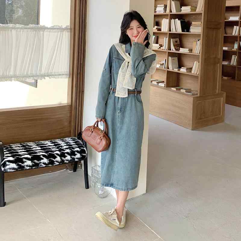 ワンピース レディース 春秋 デニム生地 チャイナドレス風 ショール付き ミモレ丈 ロング丈 青色 レトロ感 ウエストマーク スリム見せ 着痩せ 体型カバー スリット入り シャツワンピース 襟付き 長袖 切り替え デザイン カジュアル 通勤用 アウトドア|ベネフィメントショップ