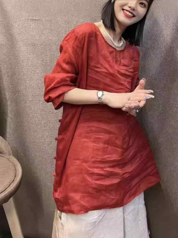 Tシャツ レディース 春夏 チャイナドレス風 トップス ?麻 ラミー素材 ゆったり 大きいサイズ 体型カバー 着痩せ お腹周り 二の腕カバー 丸首 ラウンドネック プルオーバー 切り替え 盤扣 サイドスリット 膝丈 ミドル丈 ナチュラル シンプル 無地 ｜ベネフィメントショップ