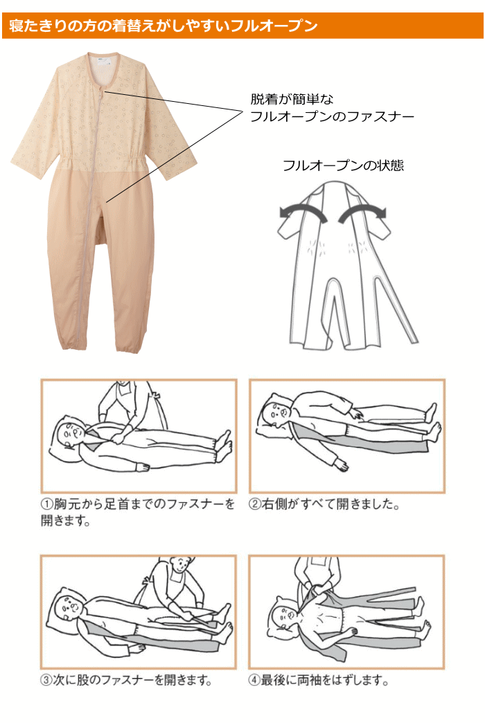 介護つなぎコンビネーション フルオープン型：ツイルブロックベージュ