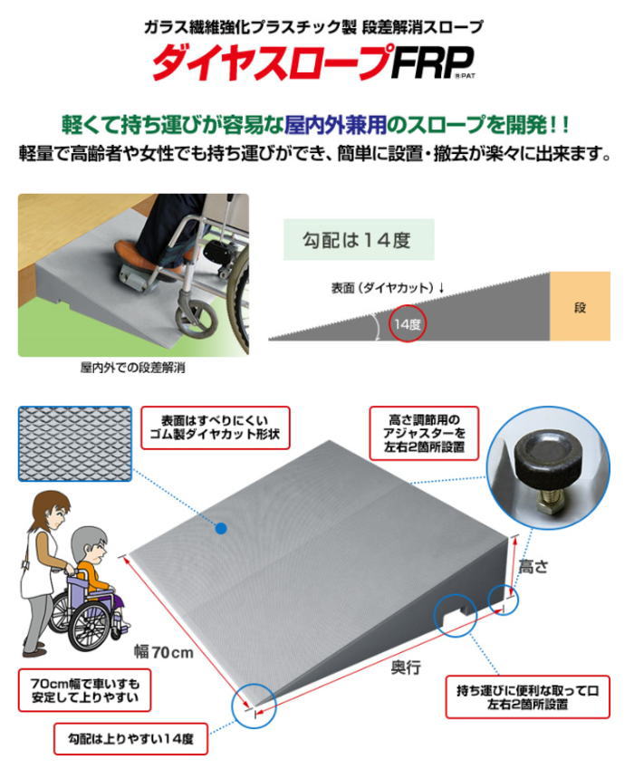 シンエイテクノ 段差解消ダイヤスロープ FRP 幅70cm×高さ10.5~11.0cm 屋内外兼用 ガラス繊維強化プラスチック製 【送料無料】 DSF70-105・110|介護用品専門店 いーねっとわかば