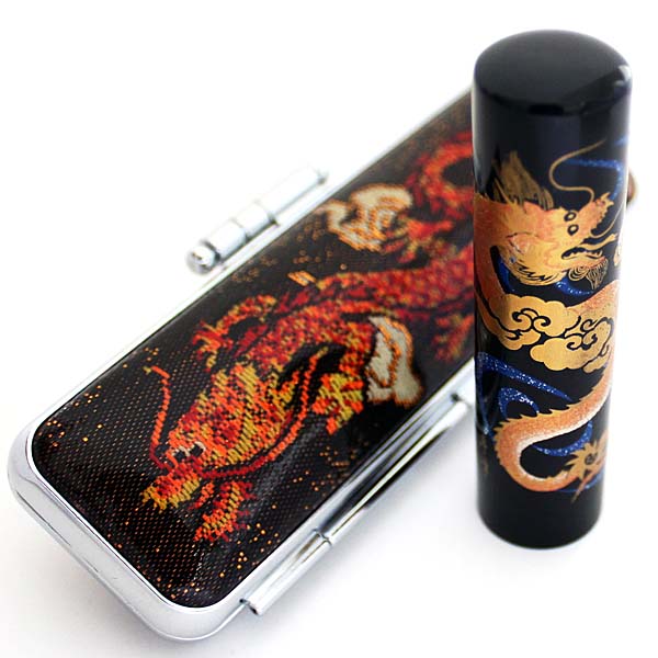 黒水牛印鑑12ｍｍ 織物コーティング 竜 ドラゴンケース付き 朱肉付き カッコいい プレゼントやギフトに 人気の新作