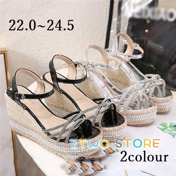 サンダル レディース オープントゥ 厚底 ウェッジソール ヒール10.5 アンクルストラップ 美脚 黒 銀 夏サンダル 22.0~24.5