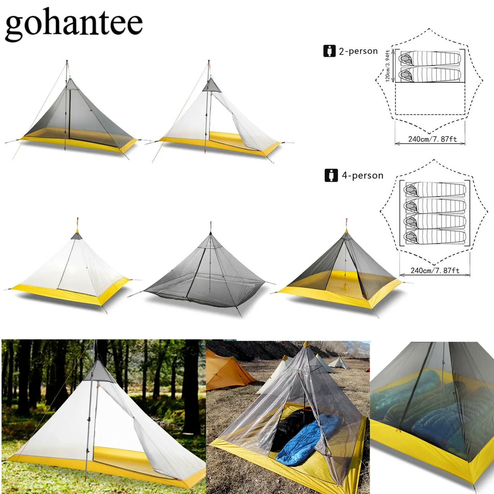 超軽量キャンプテント 2-4 人屋外 40D ナイロンシリコンコーティングされたロッドレスピラミッド大型テント通気性 3-4 シーズンインナーテント