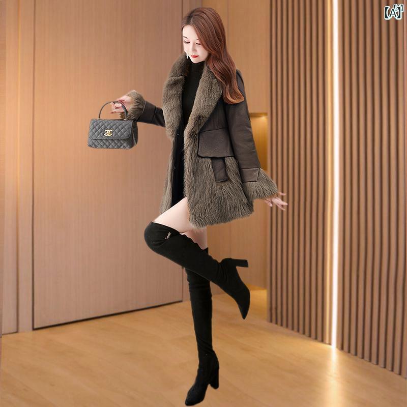 スプライシング ママ ミドル丈 冬 ジャケット ダウン ファージャケット Haining 綺麗 オシャレ 上品 ファッション レディース