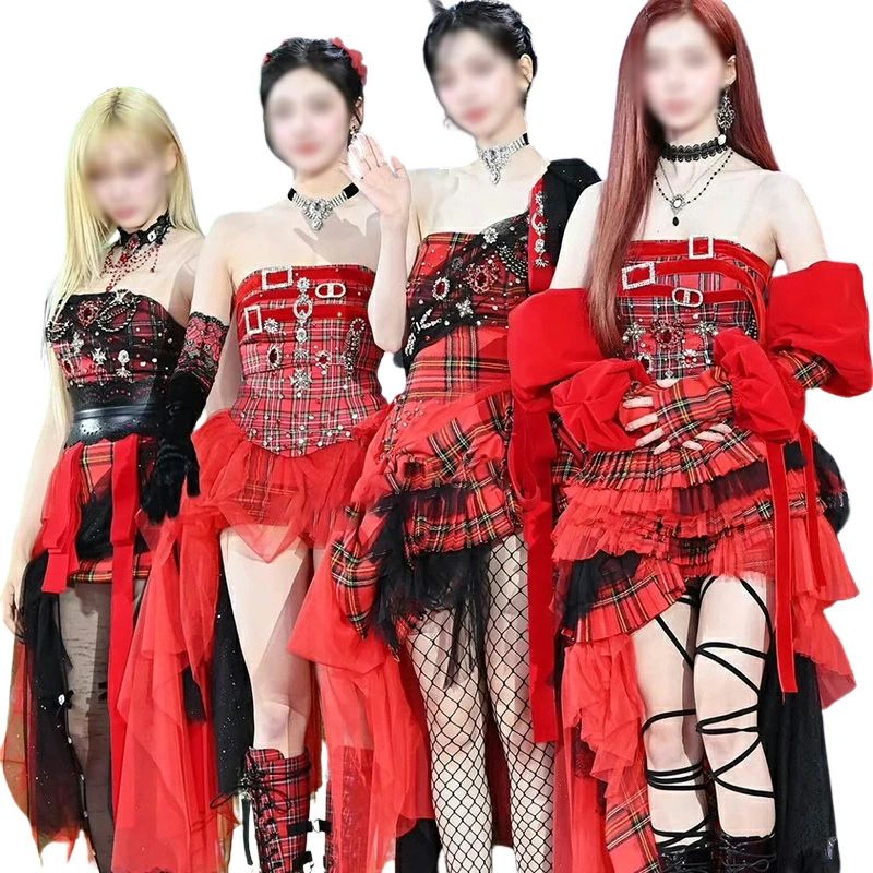 アイドル衣装 韓国 派手 ダンス衣装 jazz 黒 レッド ノースリーブ ワンピース レディース 大人 ダンス衣装 ギンガムチェック 赤｜BNFショップ