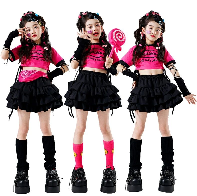 ダンス衣装 ジャッズ 半袖tシャツ スカート 黒 トップス へそだし バラ色 女の子 ヒップホップ 子供服 チアガール ダンス衣装