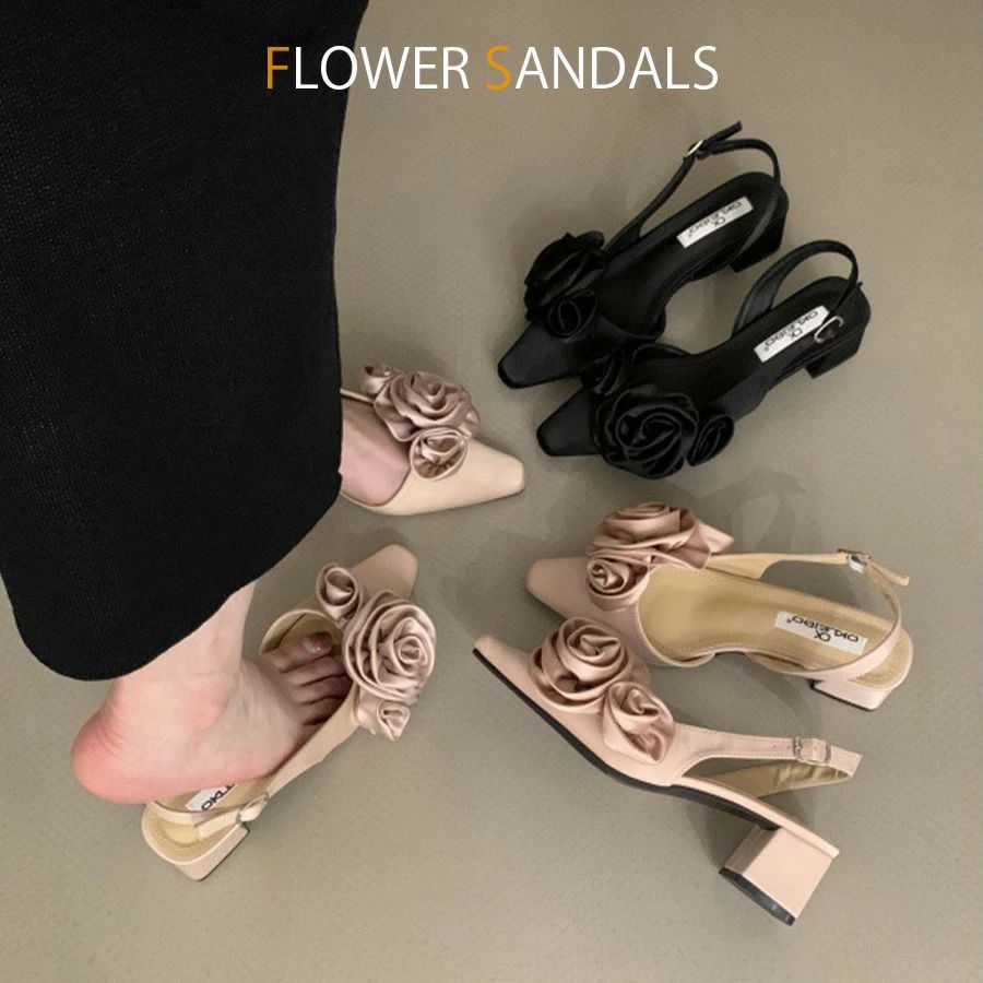 大人 シンプル サンダル チャンキーヒール 太めヒール サンダル ミディハイヒール スクエアトゥ バラ 薔薇 お花 ヒールサンダル