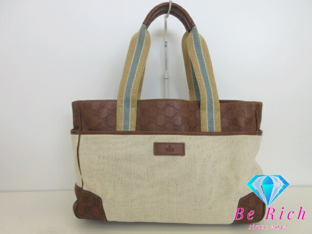 グッチ GUCCI ハンドバック トートバッグ 161770 GG シマ なめし革 帆布 ベージュ 赤銅色 茶 ロゴタイプ  鞄 手提げ レディース【中古】【貨物輸送無料】bk10477