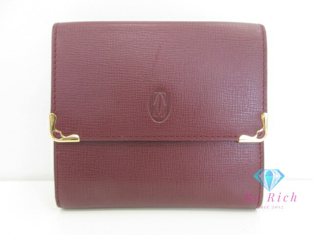 Cartier 三つ折り札入れ 帆檣 ドゥ カルティエ ボルドーワイン なめし革 ロゴタイプ 二つ折り札入れ パウダーコンパクト ウォレット  【中古】【貨物輸送無料】 bs4114 レディース財布-財布・ケース-バッグ・小物・ブランド雑貨