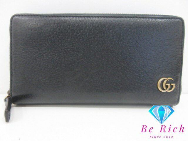 グッチ GUCCI ラウンド ジッパー 長札入れ 428736 GG マーモント 黒いこと 黒 なめし革 ロゴタイプ 二つ折り札入れ ロング ウォレット  【中古】【貨物輸送無料】 bs4283 レディース財布-バッグ・小物・ブランド雑貨-財布・ケース