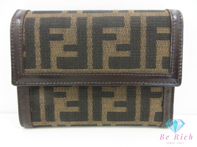 フェンディ FENDI 三つ折り札入れ 2270 30729 099 ズッカ 赤銅色 茶 黒いこと 黒 帆布 なめし革 パウダーコンパクト ウォレット 中札入れ  【中古】【貨物輸送無料】 bs4371