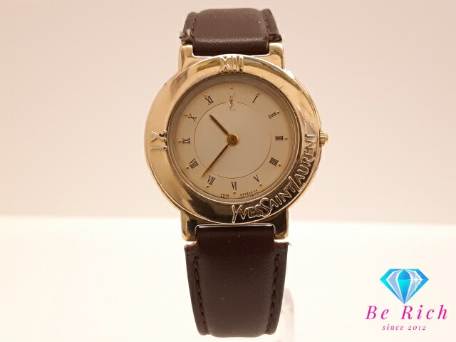 イヴ サンローラン YVES SAINT LAURENT 腕時計 4620-E60957 シャンパン ゴールド ブラウン 茶 SS レザー ブレス YSL ロゴ アナログ クォーツ QZ ウォッチ ボーイズ ユニセックス メンズ レディース 【中古】【送料無料】 bt3617