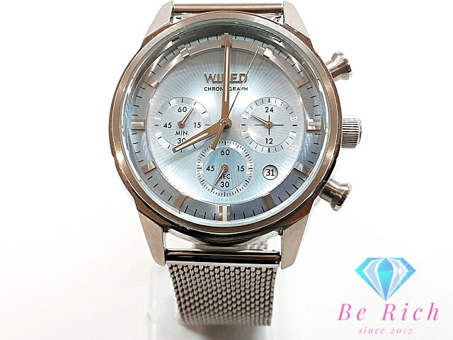セイコー SEIKO ワイアード TOKYO SORA クロノグラフ デイト AGAT454 VD53-KJJ0 メンズ 腕時計 ライト ブルー 水色 SS メッシュ ブレス アナログ クォーツ QZ ウォッチ トーキョー ソラ WIRED 【中古】【送料無料】 ht6133｜BeRich 支店