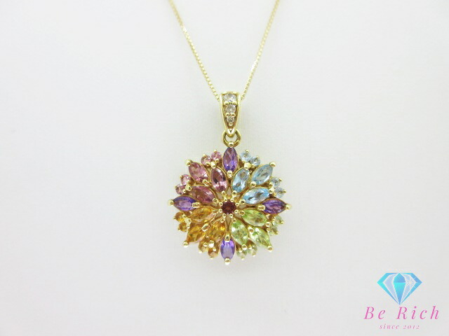 K18 YG マルチ カラーストーン 1.50ct ダイヤモンド 0.05ct 付 デザイン ネックレス ペンダント 18金 750 イエロー ゴールド 宝石 ジュエリー アクセサリー 【中古】【送料無料】 th15028|BeRich 支店