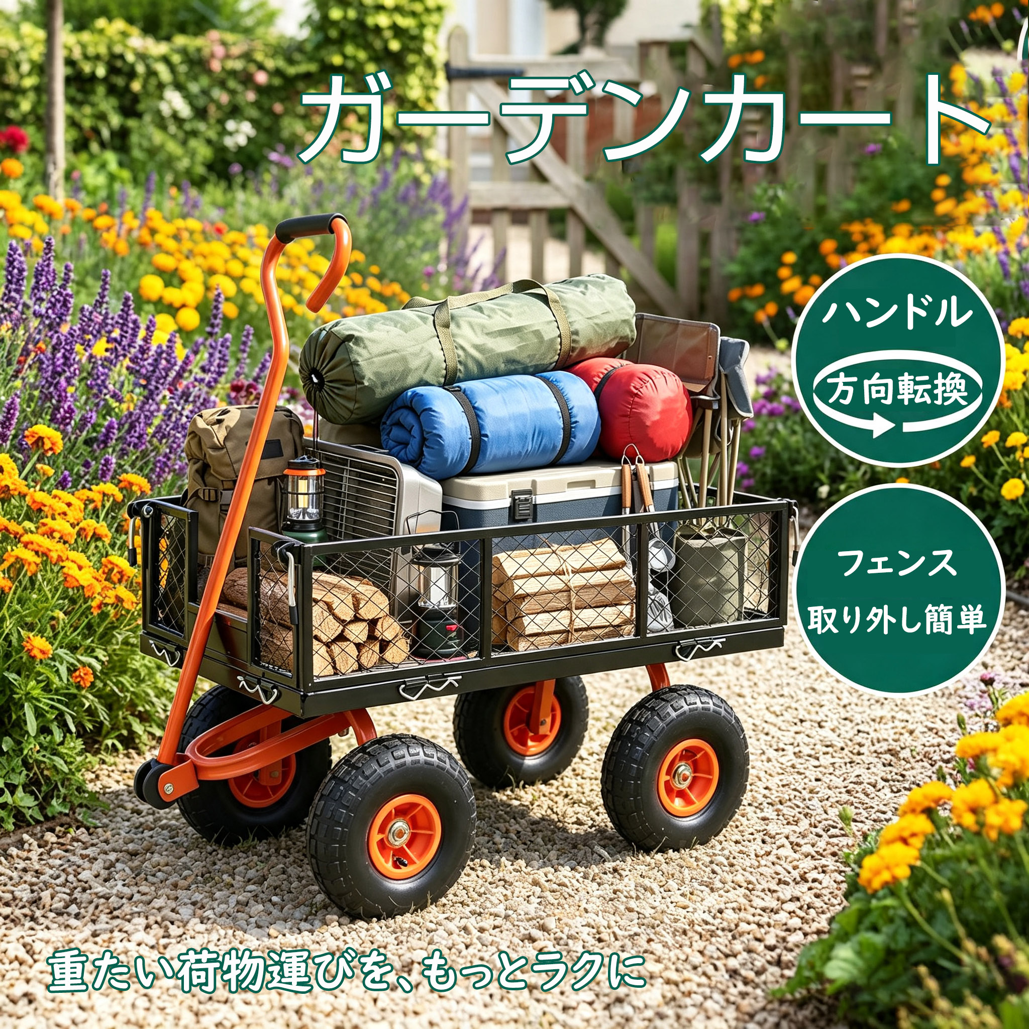 【即納】ガーデンカート カゴ台車 メッシュ台車 フェンス取り外し可能 手押し台車 耐荷重180kg 多機能 収穫台車 運搬車 キャスター付 回転ハンドル キャリーカー 農業 園芸 庭園 おしゃれ【オレンジ/レッド】 プレゼント ギフト 贈り物 送料無料｜ベルコレショップ