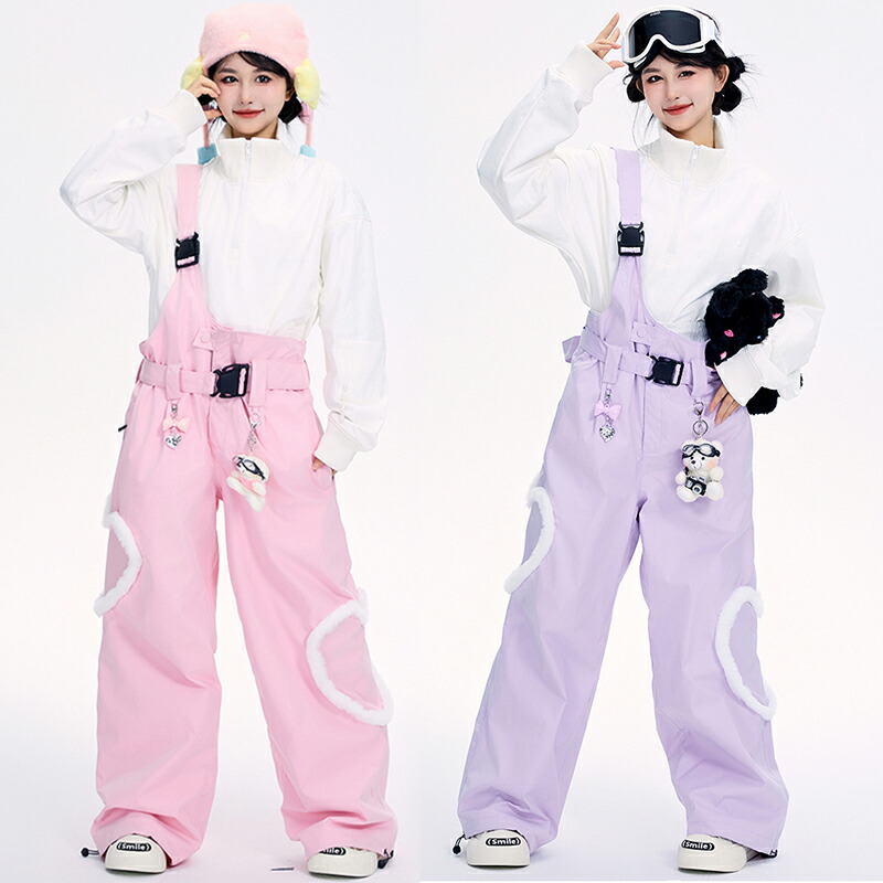 送料無料 ビブパンツ スノボパンツ レディース スキーパンツ 片肩オーバーオール サスペンダーパンツ サスペンダー付き ロングパンツ 長ズボン ボトムス スノーボードパンツ スノー 甘クール系 y2k風 可愛い ハート形 腰ベルト パープル ピンク 海外通販