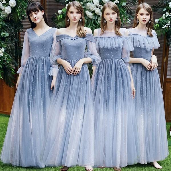 ブライズメイド ドレス ロング丈 二次会 袖あり Vネック 肩出し パーティードレス 大きいサイズ 結婚式 フォーマル 成人式 演奏会