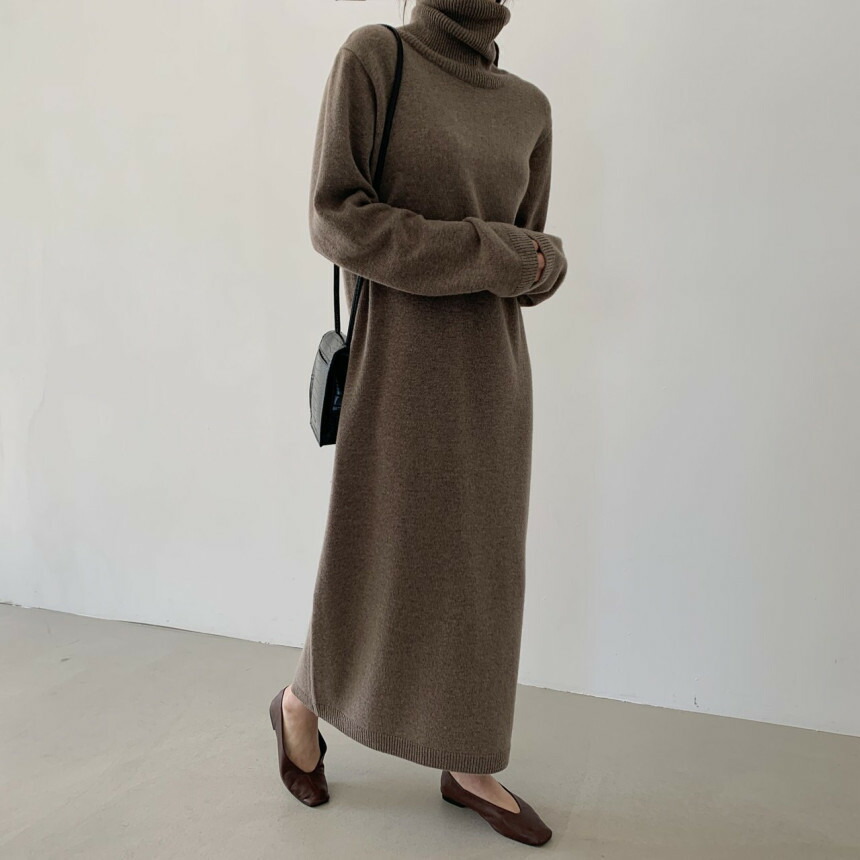 ワンピース カシミア秋冬 ロングワンピース 膝丈 ルーズフィットハイネック保温ニットドレス 前後2WAYハイネックマキシニットワンピース