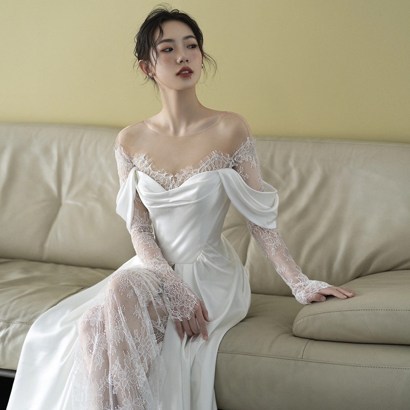 送料無料 ウェディングドレス 二次会ドレス 白 レース サテン ドレス 結婚式ドレス 花嫁ドレス ホワイト シースルー セクシー ロングドレス ブライダルドレス スリット 長袖 Aライン ウェディング 海外挙式 撮影 XS S M L XL