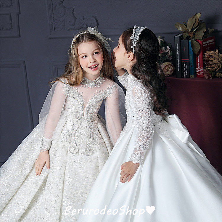 子供ドレス ロングドレス ピアノ発表会 白 ホワイトドレス 長袖 ハイネック プリンセスドレス 女児ドレス 結婚式 キレイめ ロングドレス 演奏会ドレス サテン スパンコール ラインストーン 素敵 女の子ドレス キッズドレス 100 110 120 130 140 150 160 送料無料