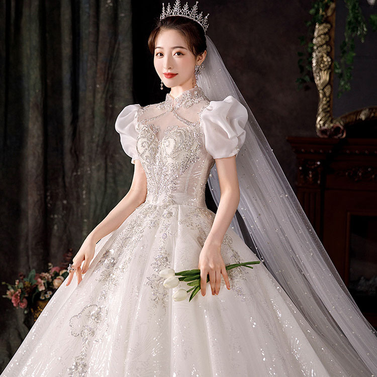 ウェディングドレス 立ち襟 パフスリーブ チャイナ風ドレス 結婚式ドレス
