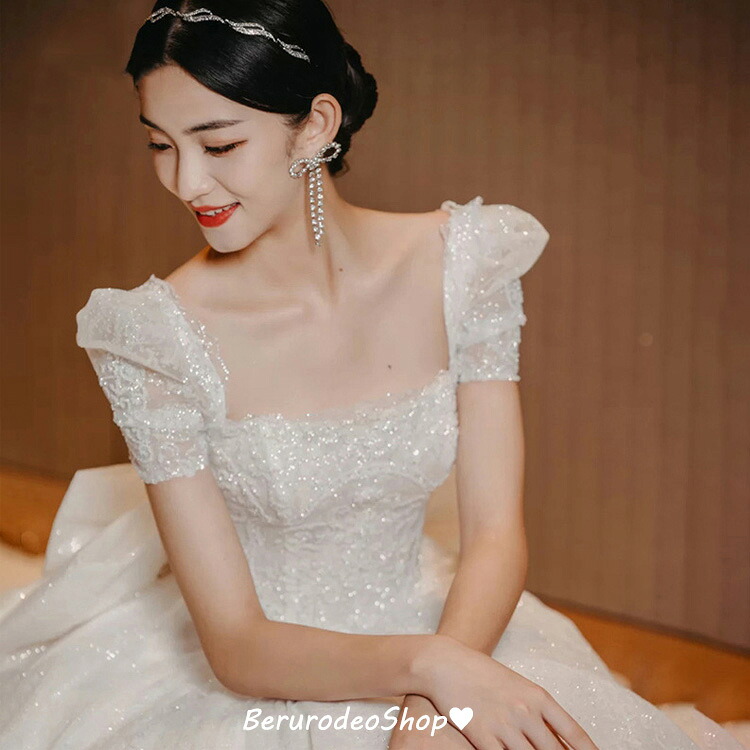 送料無料 ウェディングドレス スパンコール キラキラ 素敵 キレイめ 花嫁ドレス パフスリーブ 結婚式ドレス Aライン 白 海外挙式 ロングドレス トレーンドレス ウェディングドレス 袖あり 半袖｜ベルロデオショップ