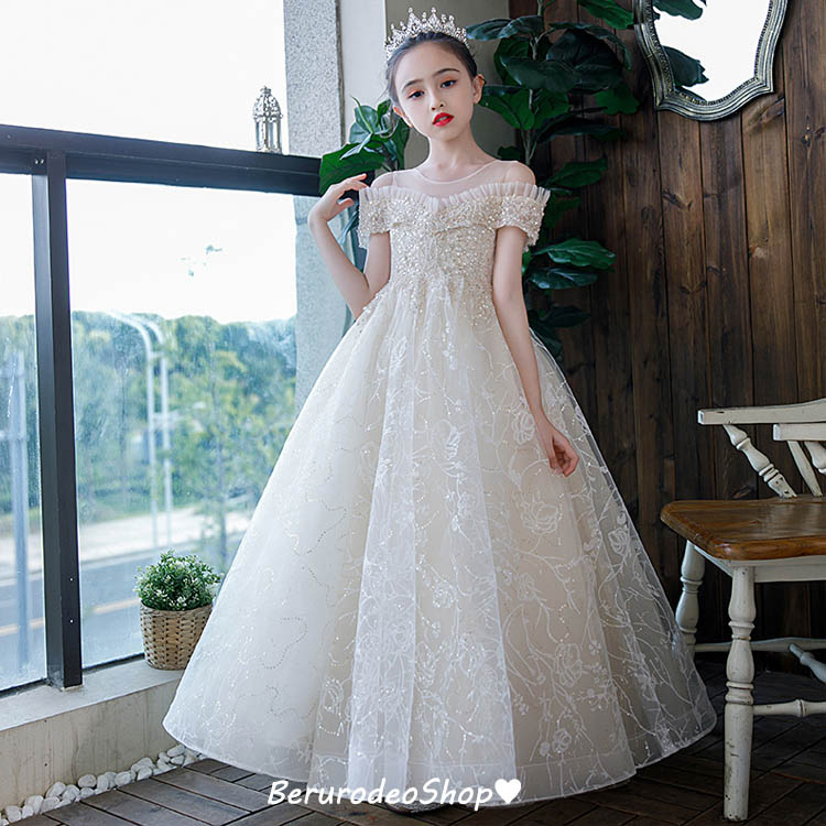 送料無料 子供ドレス ライトシャンパン色 ロングドレス ピアノ発表会ドレス 150 160 女児ドレス スパンコール キラキラ キレイめ  女の子ドレス 演奏会ドレス キッズドレス オフショルダー 肩出し 100 110 120 130 140 ベルロデオショップ