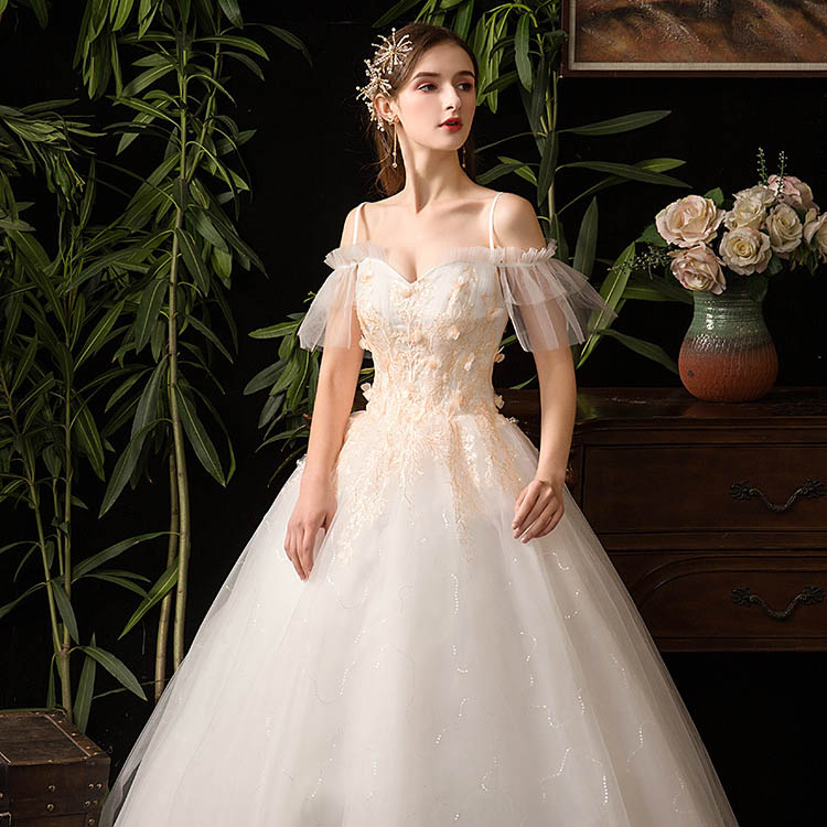 送料無料 激安 Vネック セクシー 花嫁ドレス 可愛い 花柄 ロングドレス キャミドレス ウェディングドレス チュール