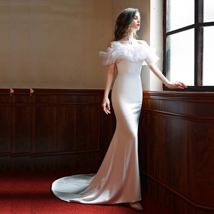 大人気商品 送料無料 二次会ドレス ウェディングドレス オフショルダー レース チュール 可愛い マーメイドドレス サテン ウェディング 白 結婚式 ドレス タイトドレス ロングドレス 花嫁ドレス ホワイト 海外挙式 Xs S M L Xl Xxl Xxxl Fucoa Cl