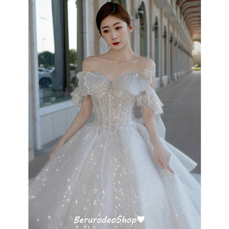 送料無料 ウェディングドレス オフショルダー リボン オシャレ 花嫁ドレス ロングドレス スパンコール キラキラ 素敵 キレイめ ブライダルドレス ウェディングドレス トレーンドレス パール エレガント 結婚式ドレス 海外挙式 Aライン ドレス 二次会 S M L XL XXL XXXL｜ベルロデオショップ