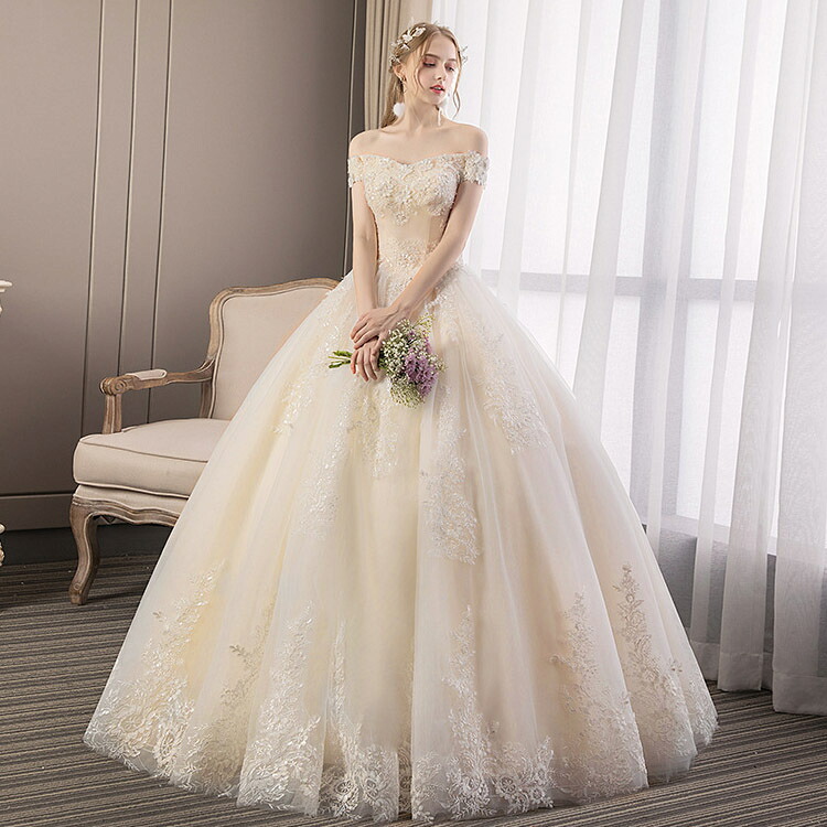送料無料 ウェディングドレス オフショルダー 刺・墸花柄 可愛い ブライダルドレス 結婚式ドレス 花嫁ドレス シャンパン色 キレイめ トレーンドレス ウェディングドレス 二次会ドレス Vネック ロングドレス 海外挙式 撮影 S M L XL|ベルロデオショップ