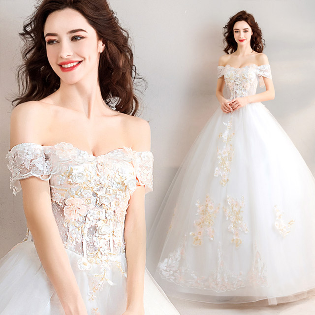 ウェディングドレス オフショルダー Vネック フラワー 結婚式ドレス Aライン プリンセスドレス 刺繍 花柄 キレイめ ウェディングドレス 袖あり 半袖 ブライダルドレス 白 ホワイト ロングドレス 花嫁ドレス 二次会 海外挙式 披露宴 編み上げ 送料無料 Ice Org Br