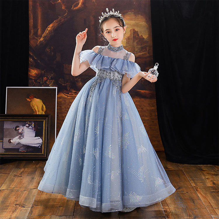 子供ドレス ブルー ピアノ発表会 ロングドレス オフショルダーフレア フリル オシャレ 女児ドレス ハイネック ビーズ演奏会ドレス 160 キッズドレス 入学式 卒業式 七五三ドレス 女の子 ステージドレス フォーマル 100 160cm 送料無料 Deerfieldtwpportage Com