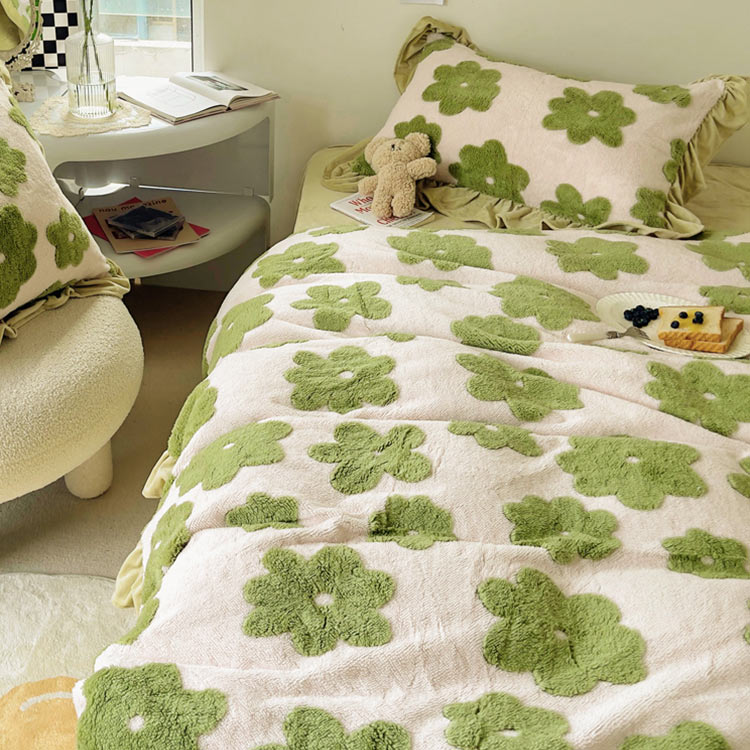 布団カバー 敷カバーセット フリル 花柄 フラワー 韓国風 寝具 4点セット 可愛い 冬 フランネル 敷カバー 掛カバー 枕カバー 白 グリーン ホワイト 緑 モコモコ 暖か ダブル 女の子 ベッド用品 ギフト プレゼント 送料無料 Mydrap Com