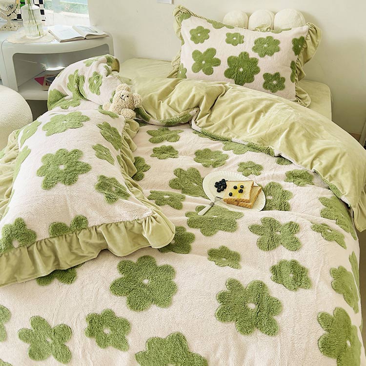 布団カバー 敷カバーセット フリル 花柄 フラワー 韓国風 寝具 4点セット 可愛い 冬 フランネル 敷カバー 掛カバー 枕カバー 白 グリーン ホワイト 緑 モコモコ 暖か ダブル 女の子 ベッド用品 ギフト プレゼント 送料無料 Mydrap Com