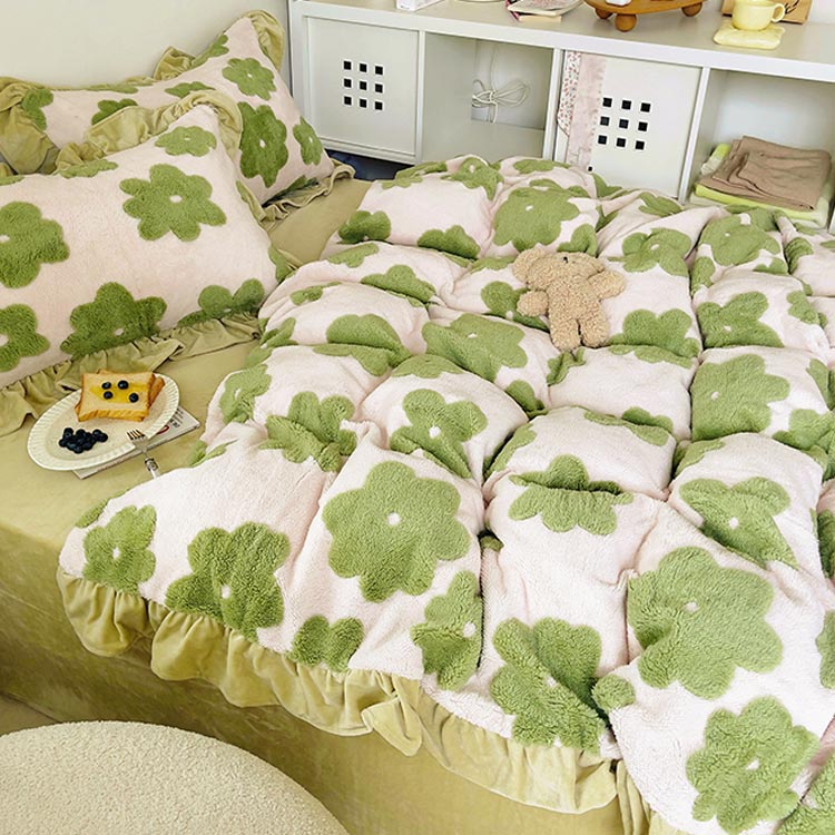 布団カバー 敷カバーセット フリル 花柄 フラワー 韓国風 寝具 4点セット 可愛い 冬 フランネル 敷カバー 掛カバー 枕カバー 白 グリーン ホワイト 緑 モコモコ 暖か ダブル 女の子 ベッド用品 ギフト プレゼント 送料無料 Mydrap Com