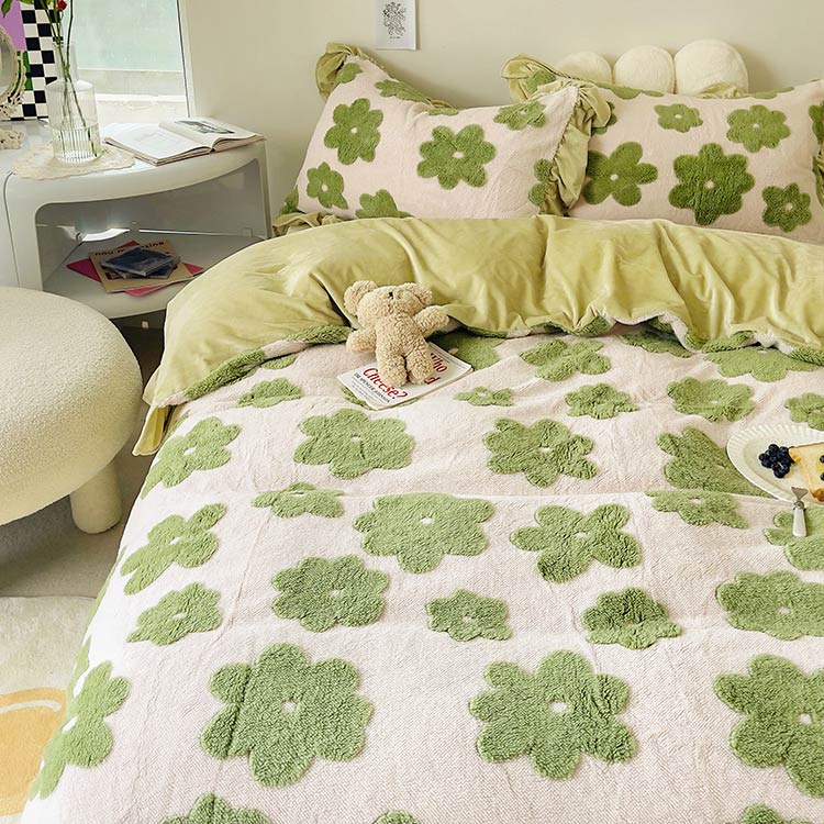 布団カバー 敷カバーセット フリル 花柄 フラワー 韓国風 寝具 4点セット 可愛い 冬 フランネル 敷カバー 掛カバー 枕カバー 白 グリーン ホワイト 緑 モコモコ 暖か ダブル 女の子 ベッド用品 ギフト プレゼント 送料無料 Mydrap Com