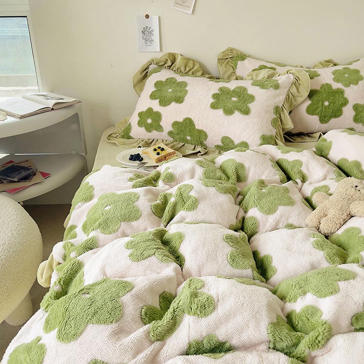 布団カバー 敷カバーセット フリル 花柄 フラワー 韓国風 寝具 4点セット 可愛い 冬 フランネル 敷カバー 掛カバー 枕カバー 白 グリーン ホワイト 緑 モコモコ 暖か ダブル 女の子 ベッド用品 ギフト プレゼント 送料無料 Mydrap Com
