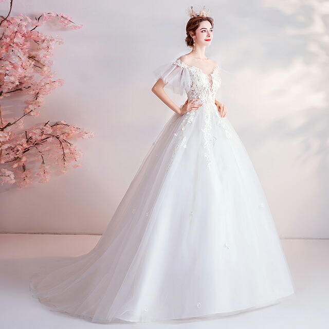 縁組お召 バックステージあり ウェディングドレス 花よめドレス レース はなやか キレイめ ロングドレス 白さ 紅毛 御目出度ドレス A分割線 妃殿下 ドレス 御花 チュール 海外挙式 ドレス 貨物輸送無料 Musiciantuts Com