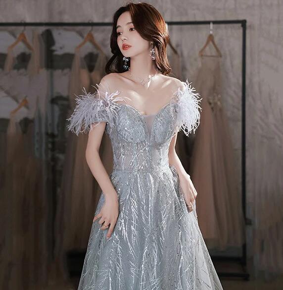 送料無料 パーティードレス ロング 結婚式 韓国 ロング丈ドレス 演奏会 袖付き キラキラ レディース オフショルダー 肩出し 着痩せ 発表会 二次会 大きいサイズ エレガント 20代 30代 40代 大人 可愛い 母親 結婚式 シルバー XS-4L｜ベルロデオショップ