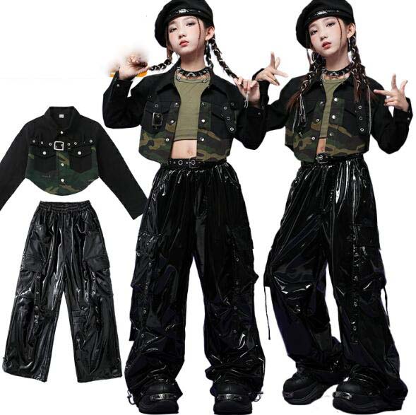 送料無料 ダンス衣装 セットアップ 女の子 チア チアガール 韓国 k-pop 洋服 トップス ダンス 衣装 上下セット 黒色 レザー カーゴパンツ ジャズダンス ヒップホップ 発表会 演出服 団体服 舞台服 練習着 ストーリー系 ギャル系 派手