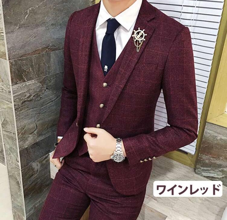 送料無料 メンズスーツ スーツ スリム ストレッチ フォーマル 1つボタン ビジネススーツ ベストスーツ 3点セット ワインレッド グレー 背広 長袖 ジャケットスーツ 大きいサイズ S M L XL 2XL 3XL ジャケット/ベスト/ズボン