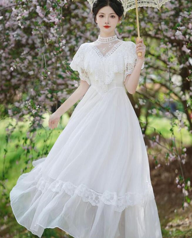 マキシ丈 ワンピース 半袖 ドレス レース ポルカドット レトロ感 yq25220-11.jpg