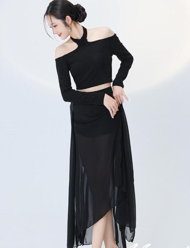 社交ダンスレッスンパーティーモダン衣装黒フレアスカートと黒トップスセットアップ d1259d3_1.jpg