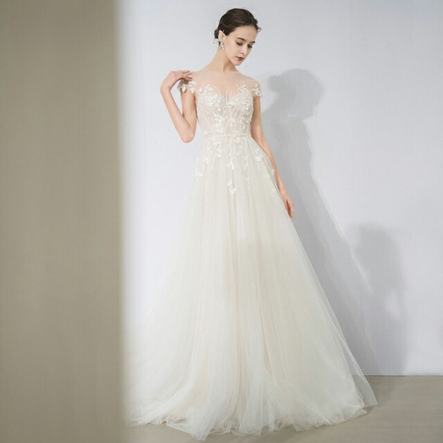 ウエディングドレス 袖あり チュール ドレス 姫系 お姫様 花嫁ドレス Aライン トレーンドレス 白 ブライダルドレス プリンセスドレス ホワイト キレイめ シースル 結婚式ドレス 二次会ドレス 披露宴 海外挙式 送料無料 Laoazim Com