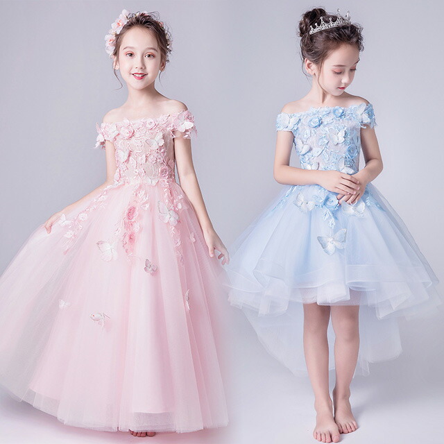 水色 ドレス 160 ピアノ発表会ドレス 子供ドレス ブルー ロングドレス ボートネック オフショルダー 女児ドレス ピンク 演奏会ドレス 女の子 フォーマル 子どもドレス ショート丈 3タイプ ステージ衣装 入学式 卒業式 フラワー 蝶 素敵 キレイめ 100 160cm 送料無料