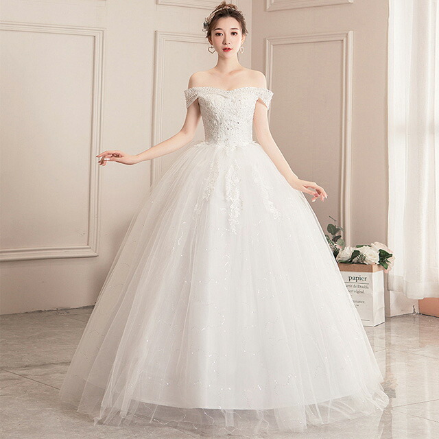 ウェディングドレス オフショルダー Vネック ブライダルドレス ロング丈 Aライン ホワイトドレス フォーマル ワンピース 白 結婚式ドレス スパンコール ビーズ ラインストーン キレイめ ロング 二次会ドレス 披露宴 プリンセスドレス 挙式 送料無料 Srmdelhi Org