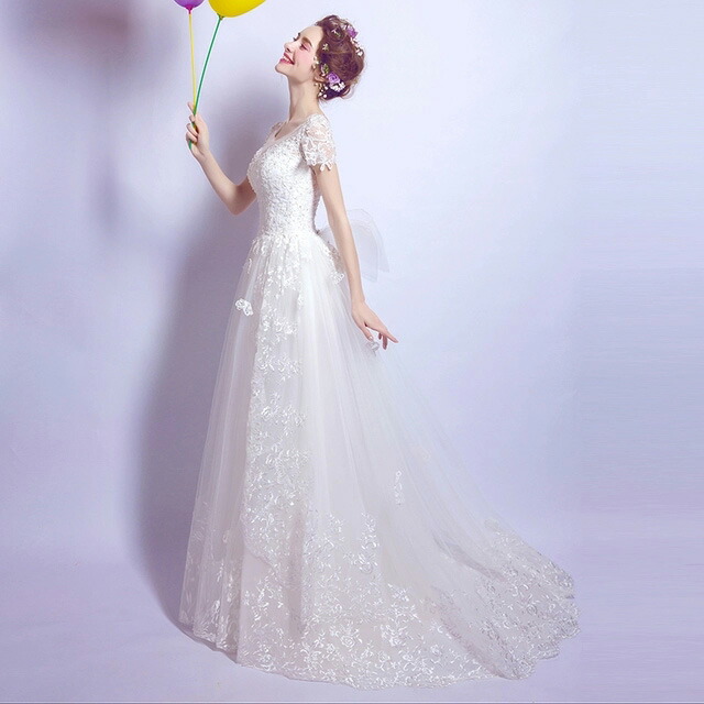 ウェディングドレス レース トレーンドレス Aライン ブライダルドレス 花嫁ドレス 袖あり ホワイトドレス バックリボン オシャレ プリンセスドレス 白 結婚式ドレス 二次会ドレス 半袖 丸首 平明 優雅 エレガント 送料無料 Gtautoteenindus Ee