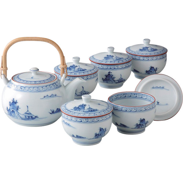 波佐見焼 京山水絵 番茶器揃｜湯呑 セット 和食器 食器 ご自宅用 プレゼント 贈り物 ギフト 贈答用 高級贈答品 カタログギフト 送料無料