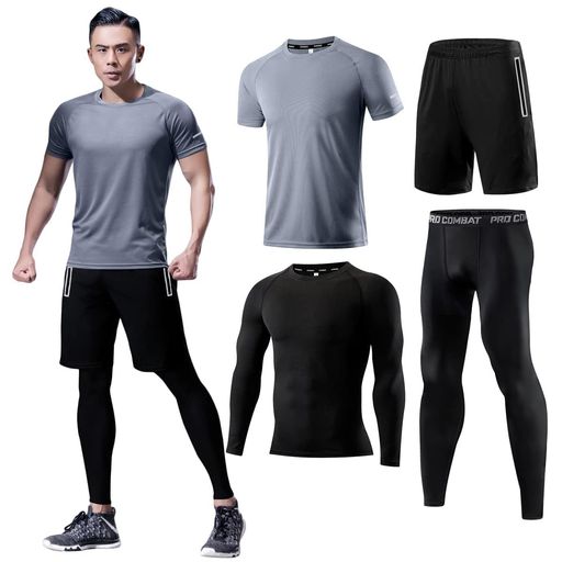 [Boyzn]メンズトレーニングウェアランニングシャツ4点セットスポーツウェアコンプレッションウェア長袖半袖ジムtシャツメンズアウトドアジョギングウェアグレーGray-4P-M